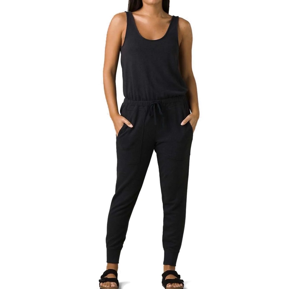 Prana Womens Cozy Up Jumpsuit Black Hemp Blend French Terry Sz Small
